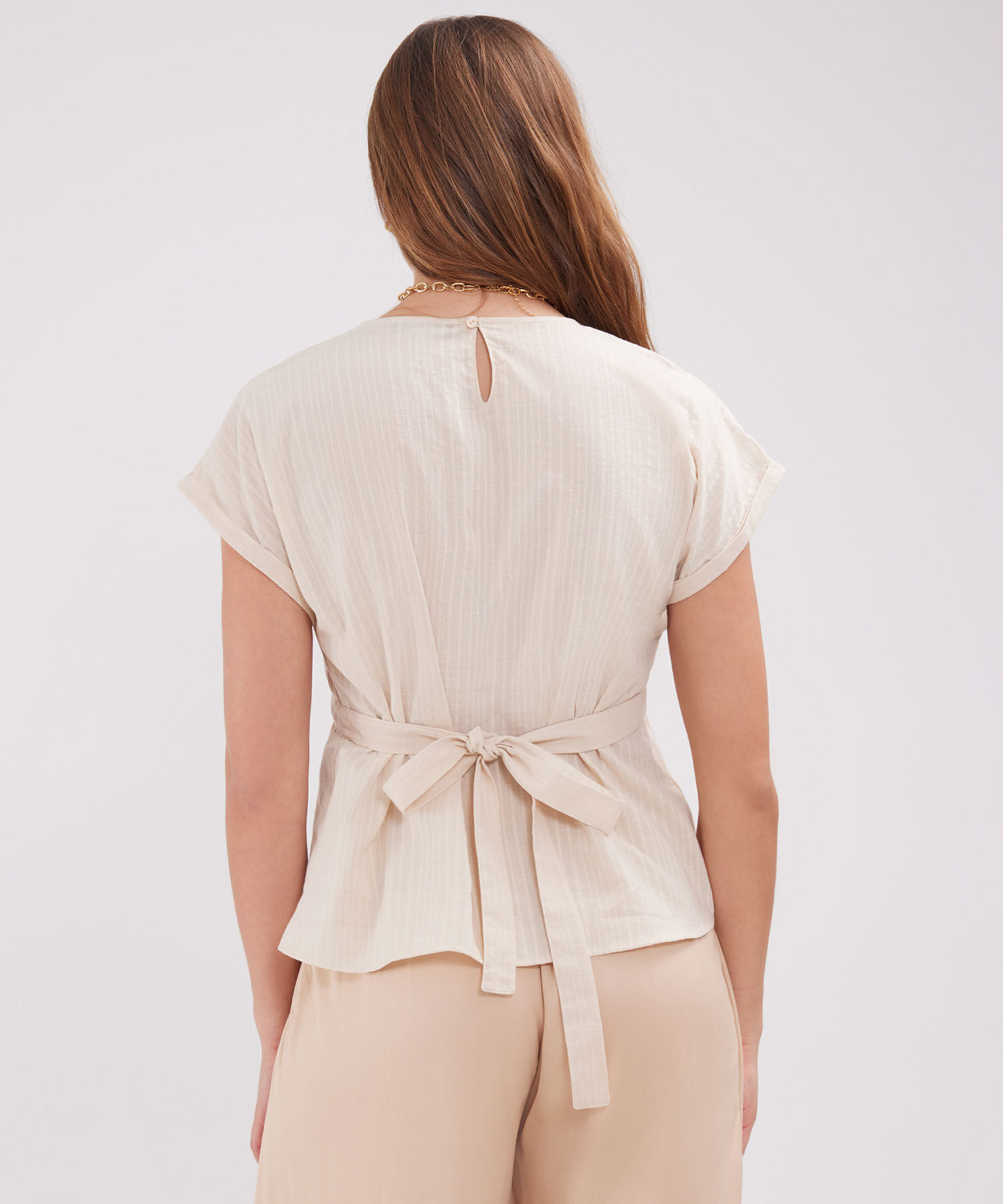 Blusa Unicolor, Manga Corta Con Cinturón
