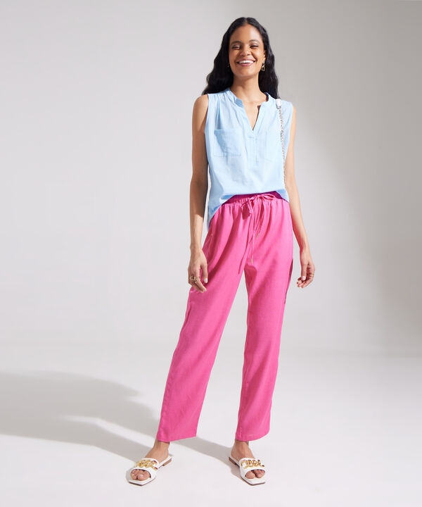 Pantalón Pretina Resortada  En Lino Unicolor
