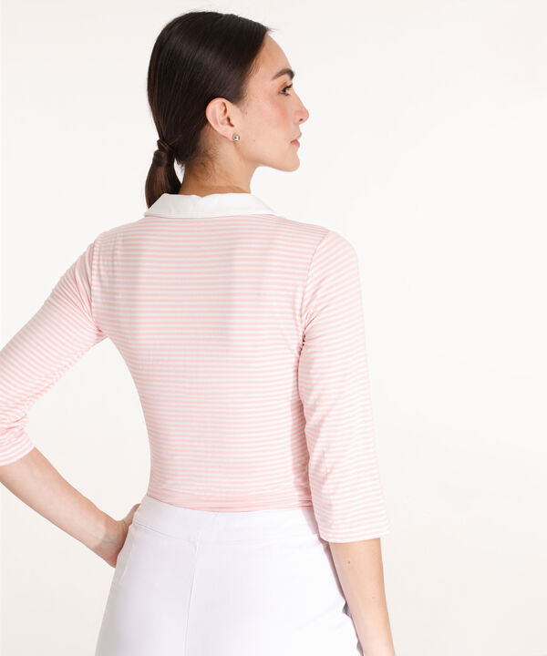 Polo Preteñida A Rayas, Manga 3/4 Con Cuello Duro Y Pechera Unicolor