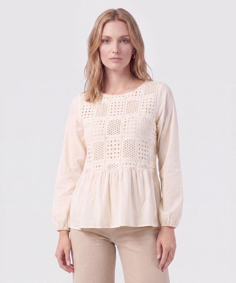 Blusa Unicolor Con Pechera Calada Mujer