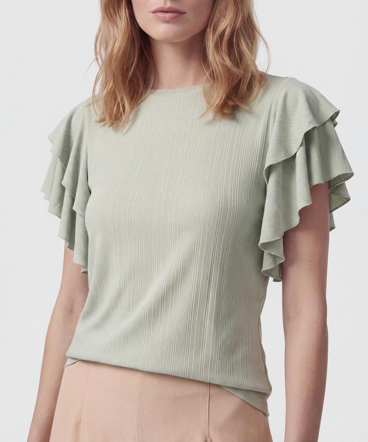 Camiseta Mujer Mangas Volantes Acanalada Elegante