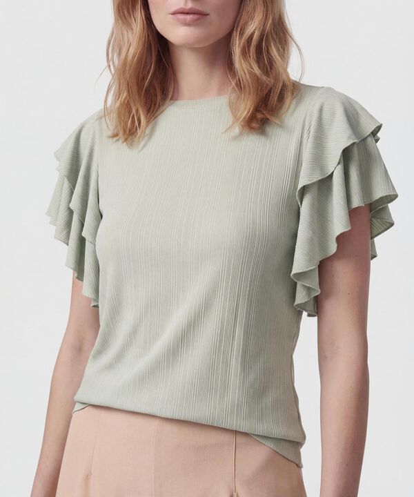 Camiseta Mujer Mangas Volantes Acanalada Elegante