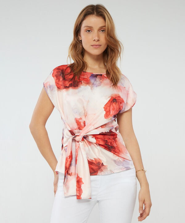 Blusa Estampada Manga Corta Con Anudado En Frente image number null