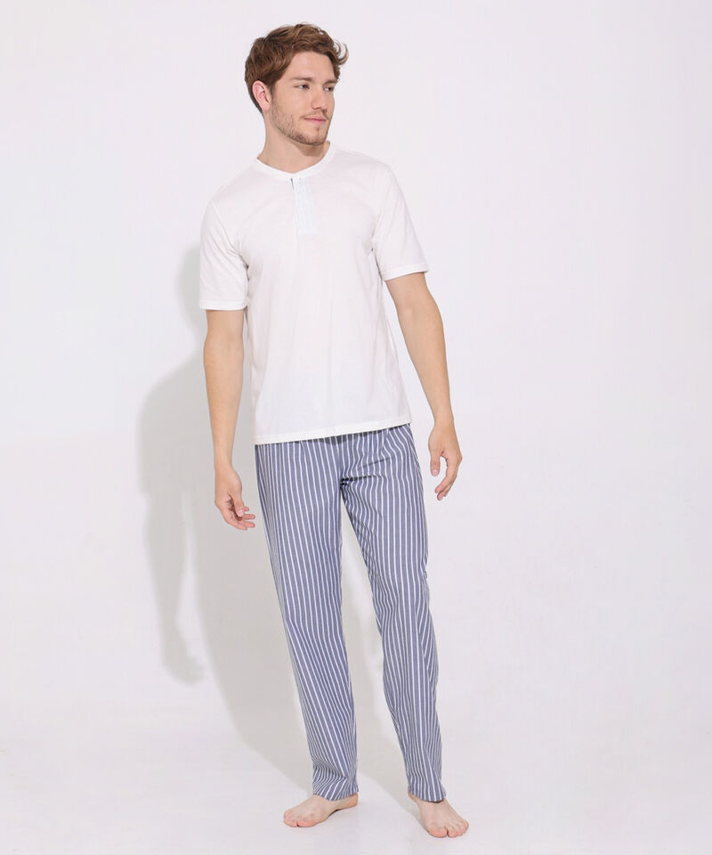 Pijama Camiseta Unicolor Cuello Henley Manga Larga, Pantalón Preteñido Rayas