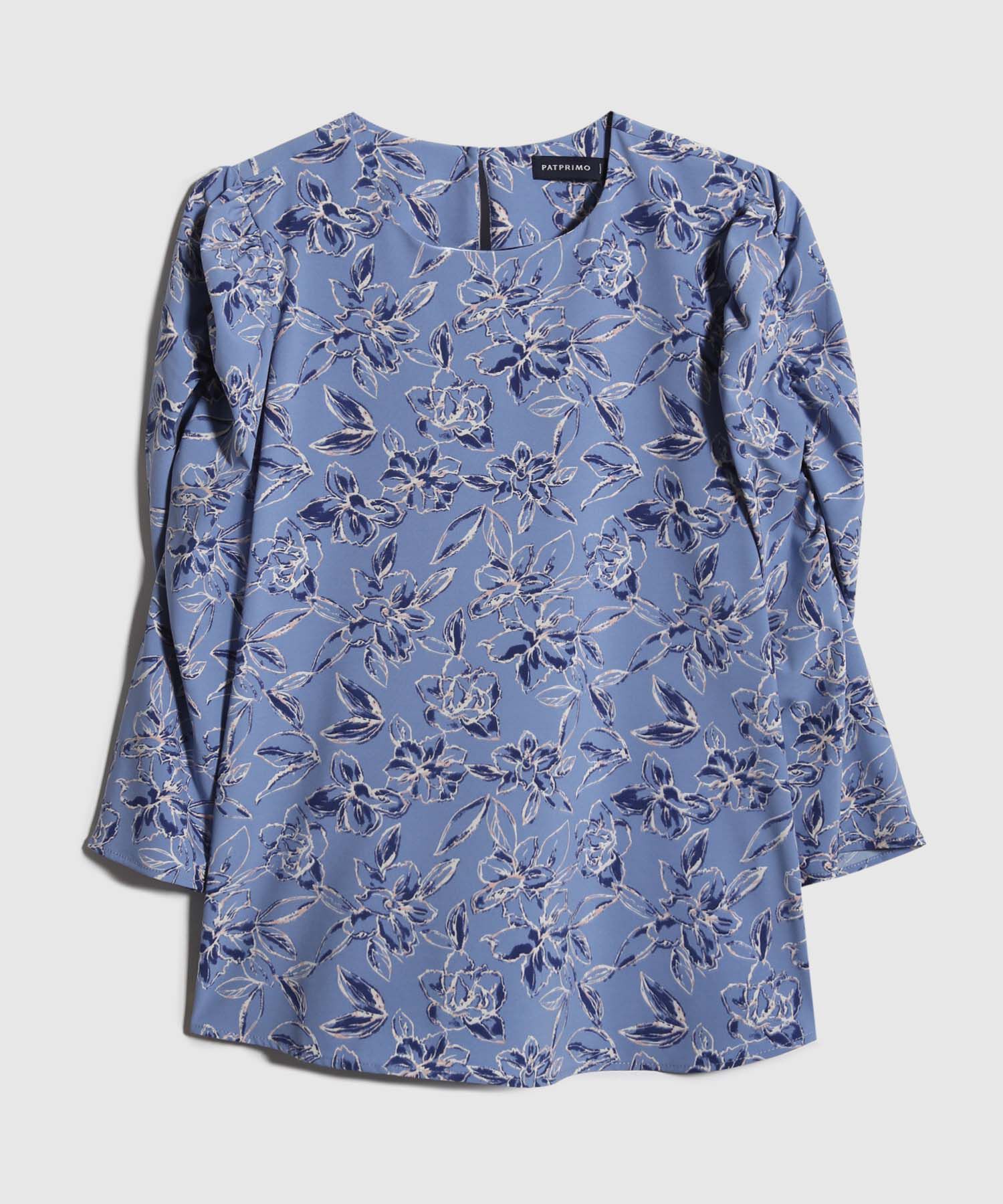 Blusa Estampada Escote Redondo, Manga 3/4 Con Recogido