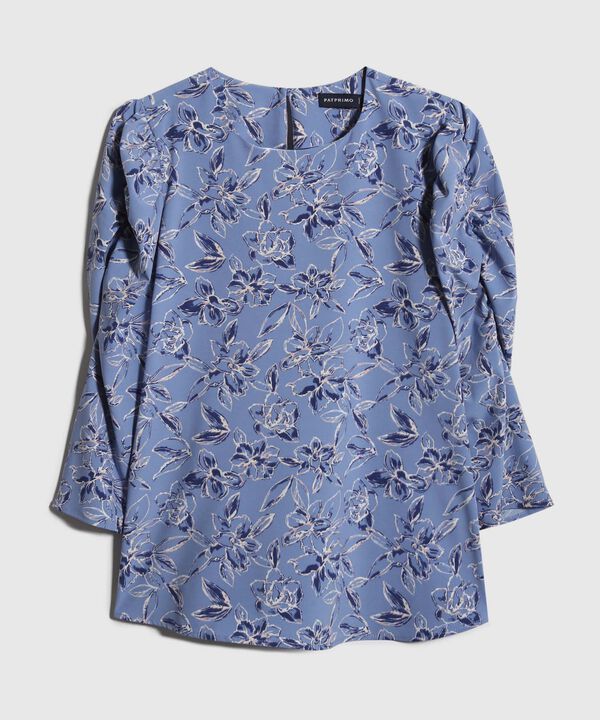 Blusa Estampada Escote Redondo, Manga 3/4 Con Recogido