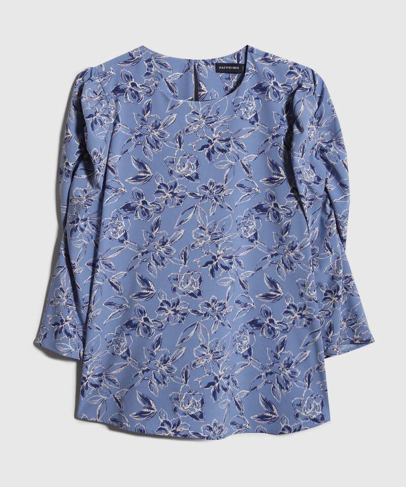 Blusa Estampada Escote Redondo, Manga 3/4 Con Recogido