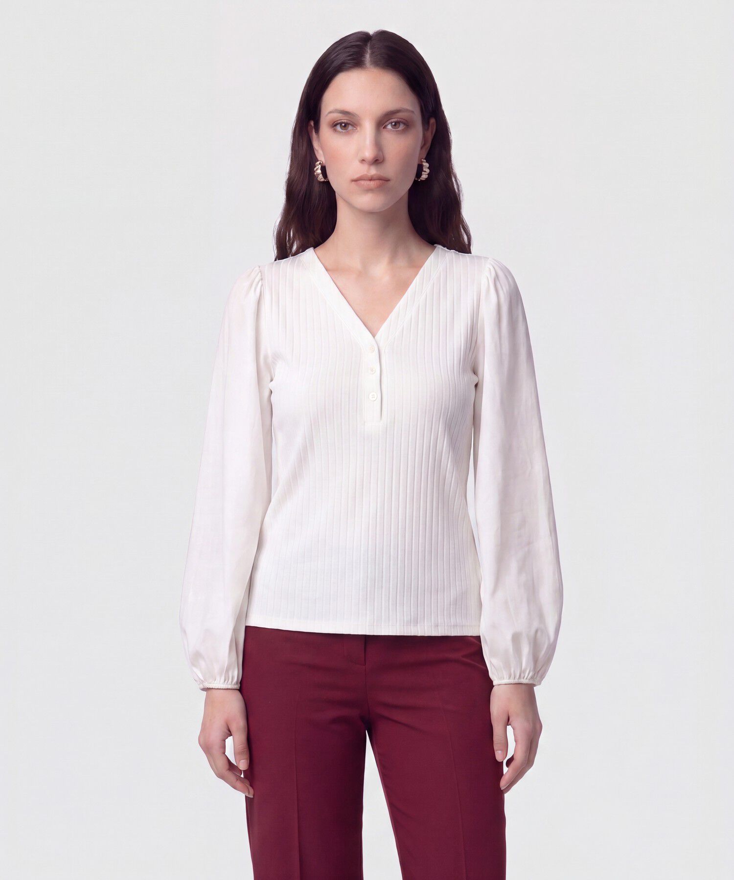 Camiseta Cuello En V Acanalada Para Mujer