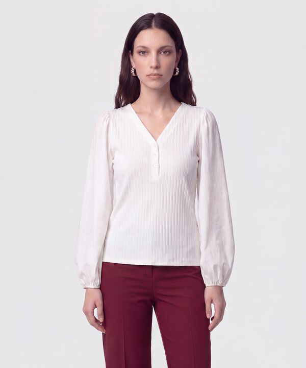 Camiseta Cuello En V Acanalada Para Mujer