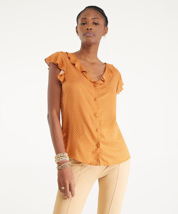 Blusa Estampada Manga Sisa  Con Bolero, Cuello En V Con Bolero Y Botonadura En Frente