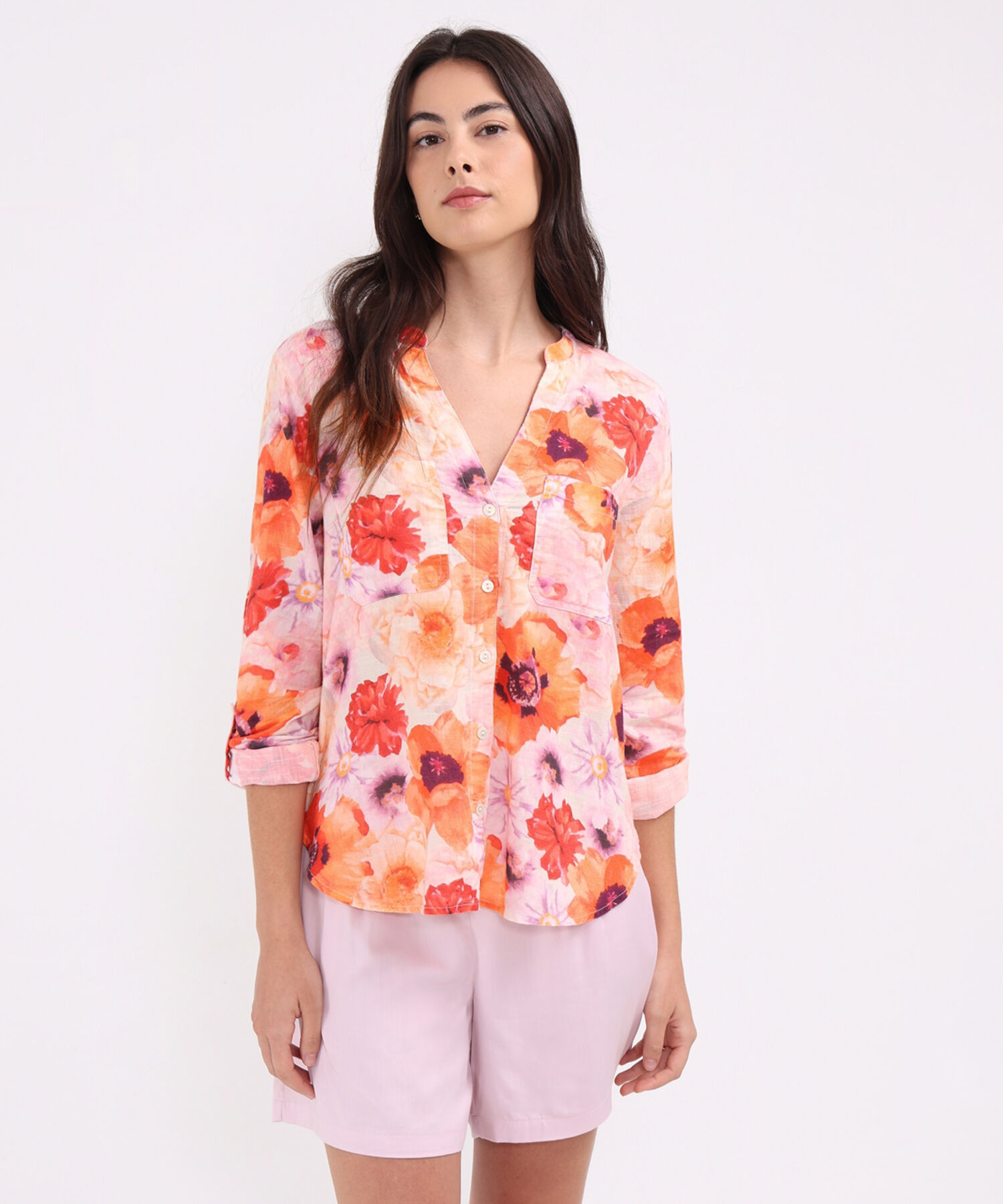 Blusa Manga Larga Estampada En Lino