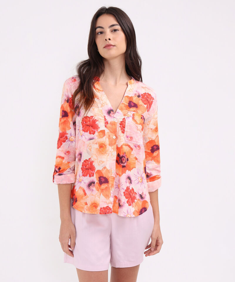 Blusa Manga Larga Estampada En Lino