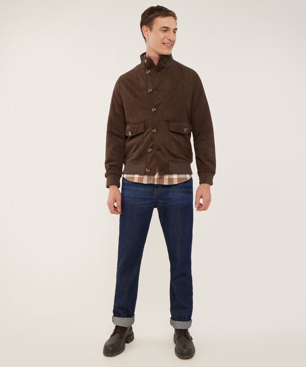 Chaqueta En Suede Manga Larga Cuello Alto Combinación Rib Botones En Frente