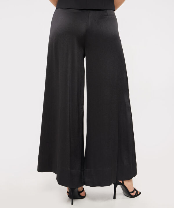 Pantalon Palazzo Fluido Unicolor En Tela De Satin Con Textura