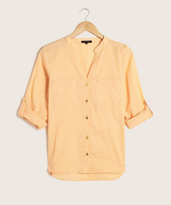 Blusa Unicolor, Manga Larga Con Charretera, Cuello En V Con Cuello Neru Y Bolsillos