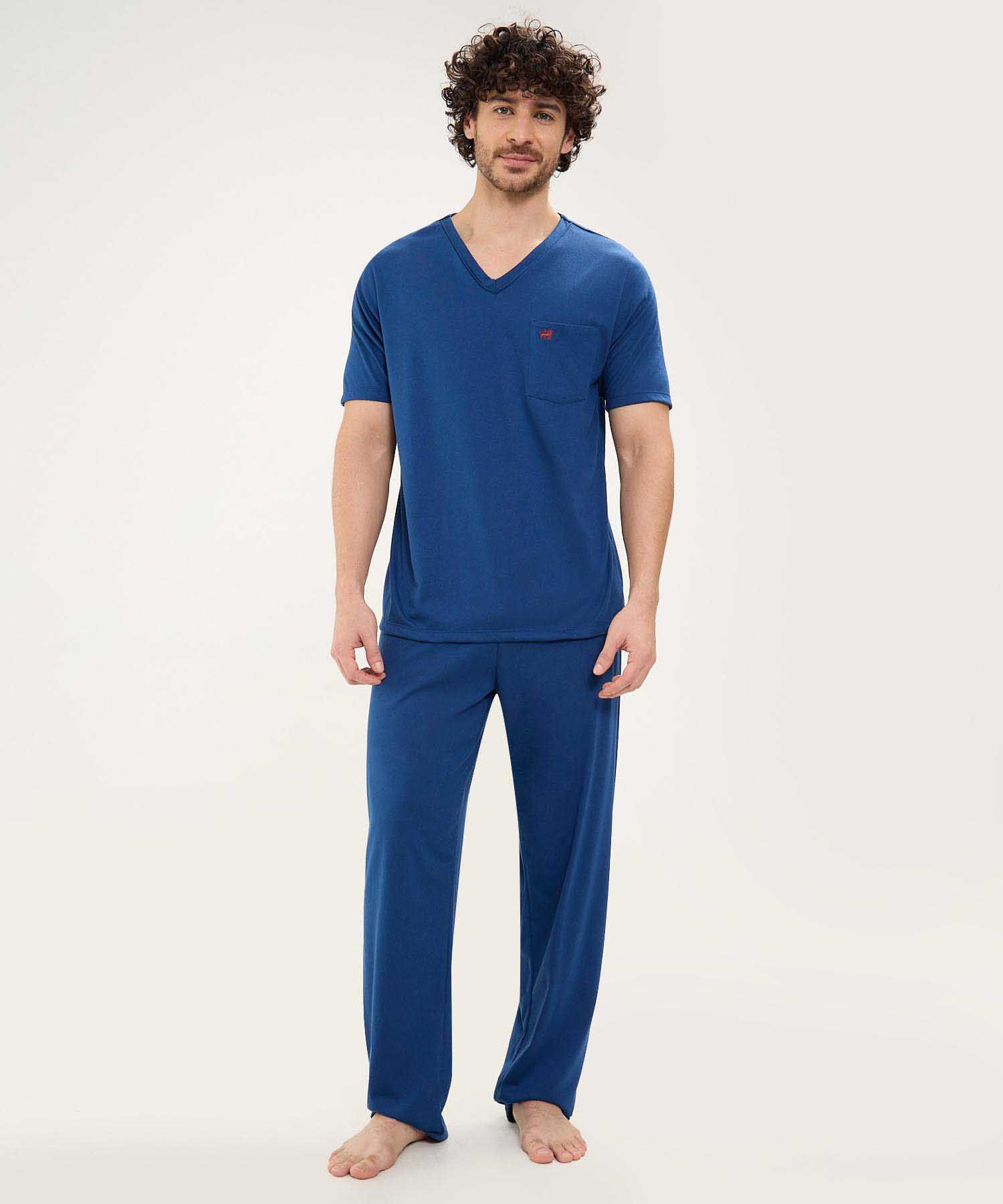 Pijama Manga Corta Camiseta Cuello V Con Vena A Tono Ypantalon Unicolor