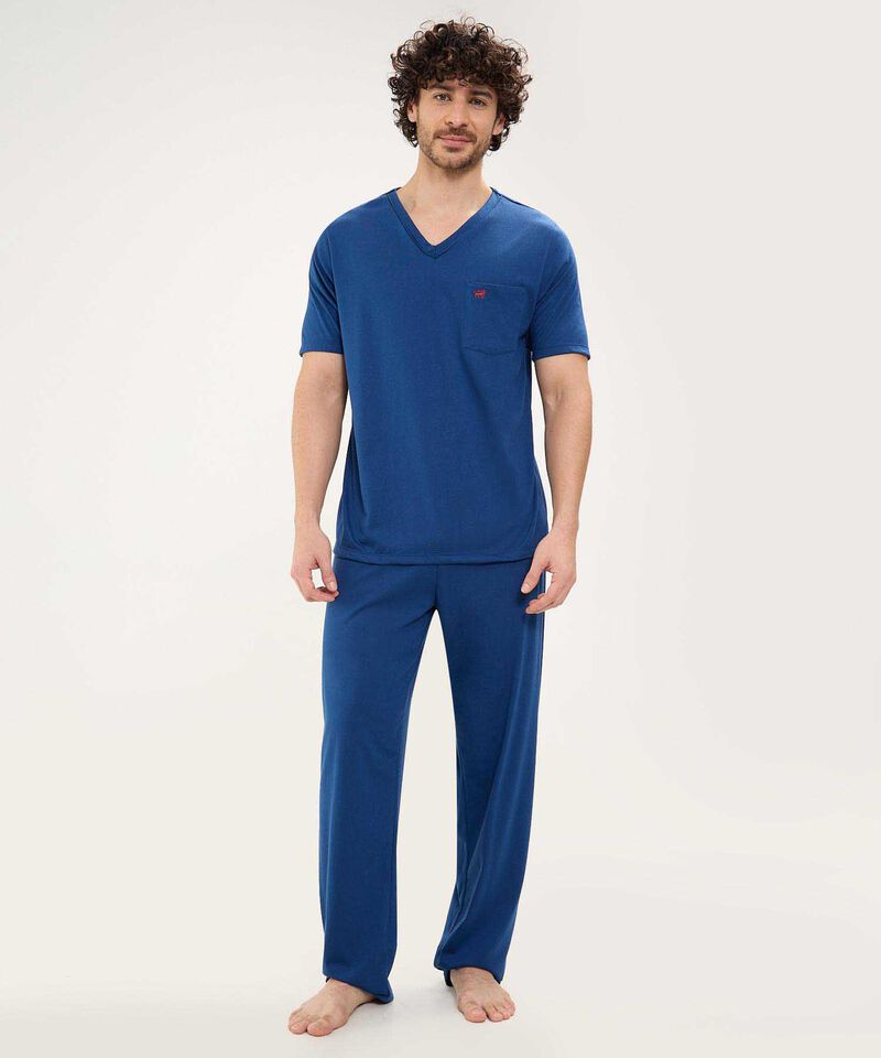 Pijama Manga Corta Camiseta Cuello V Con Vena A Tono Ypantalon Unicolor
