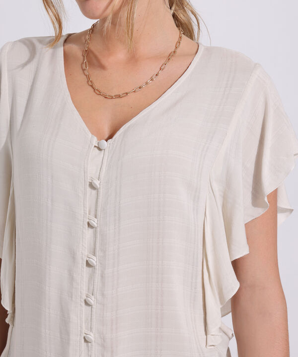 Blusa Unicolor Cuello V, Manga Corta Con Bolero Y Botonadura En Frente