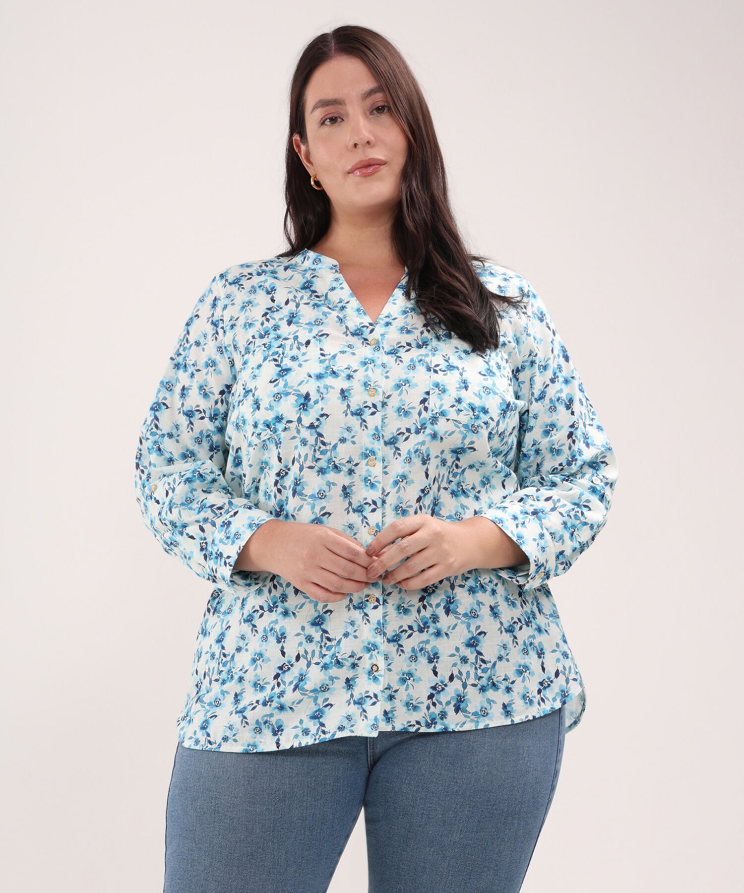 Blusa Estampada En Lino Manga 3/4 Cuello Nerú