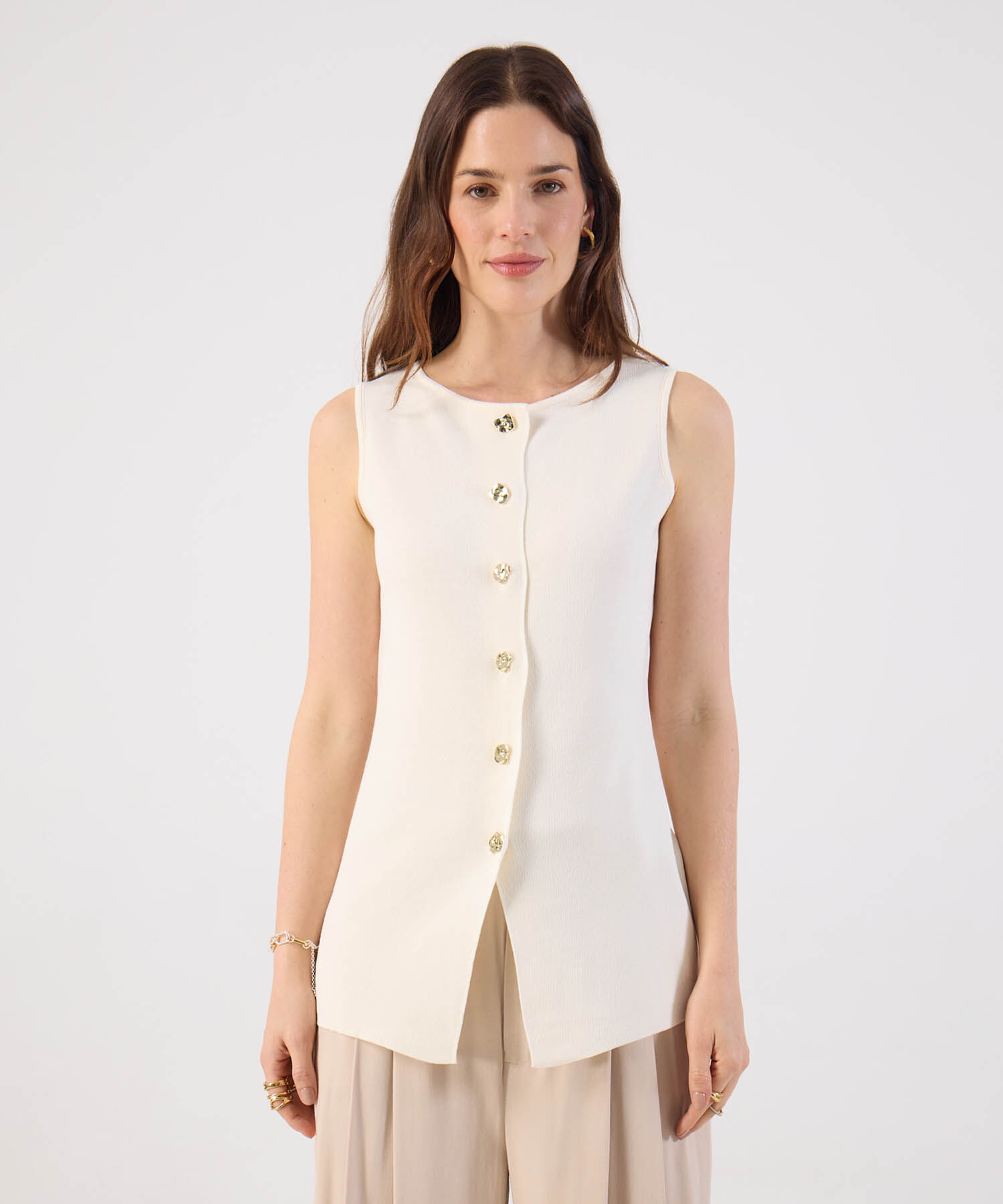 Chaleco Mujer Tejido Sin Mangas Botones Dorados