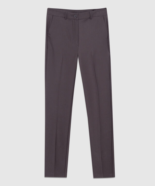 Pantalon Clásico Unicolor, Tiro Alto, Bota Recta Con Bolsillos Laterales Y Ribetes Traseros
