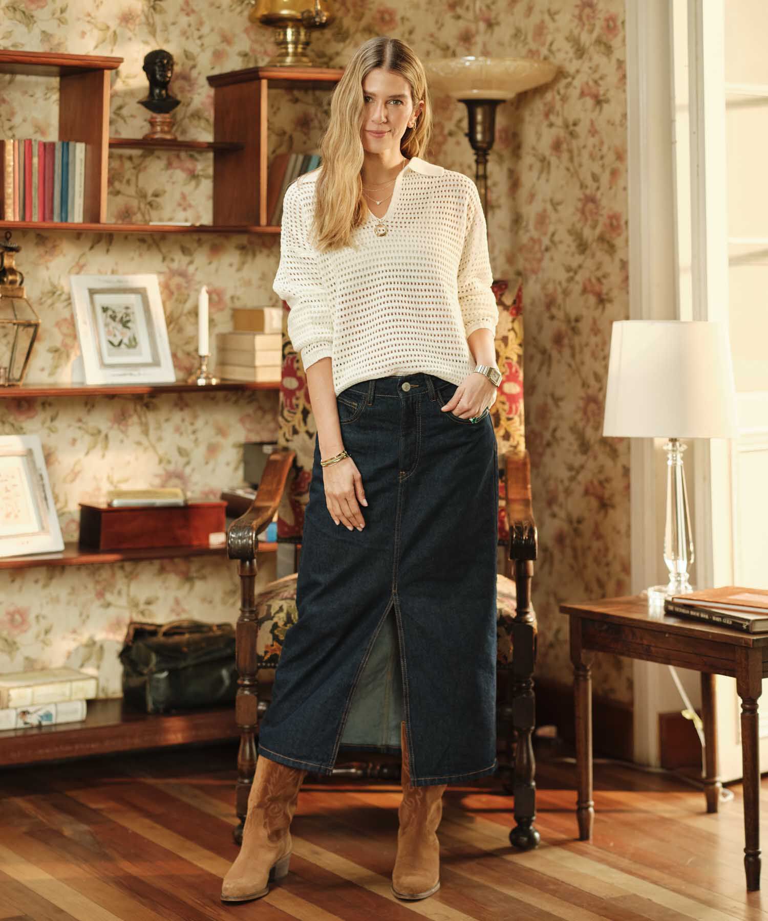 Falda Denim Midi Con Abertura Frontal