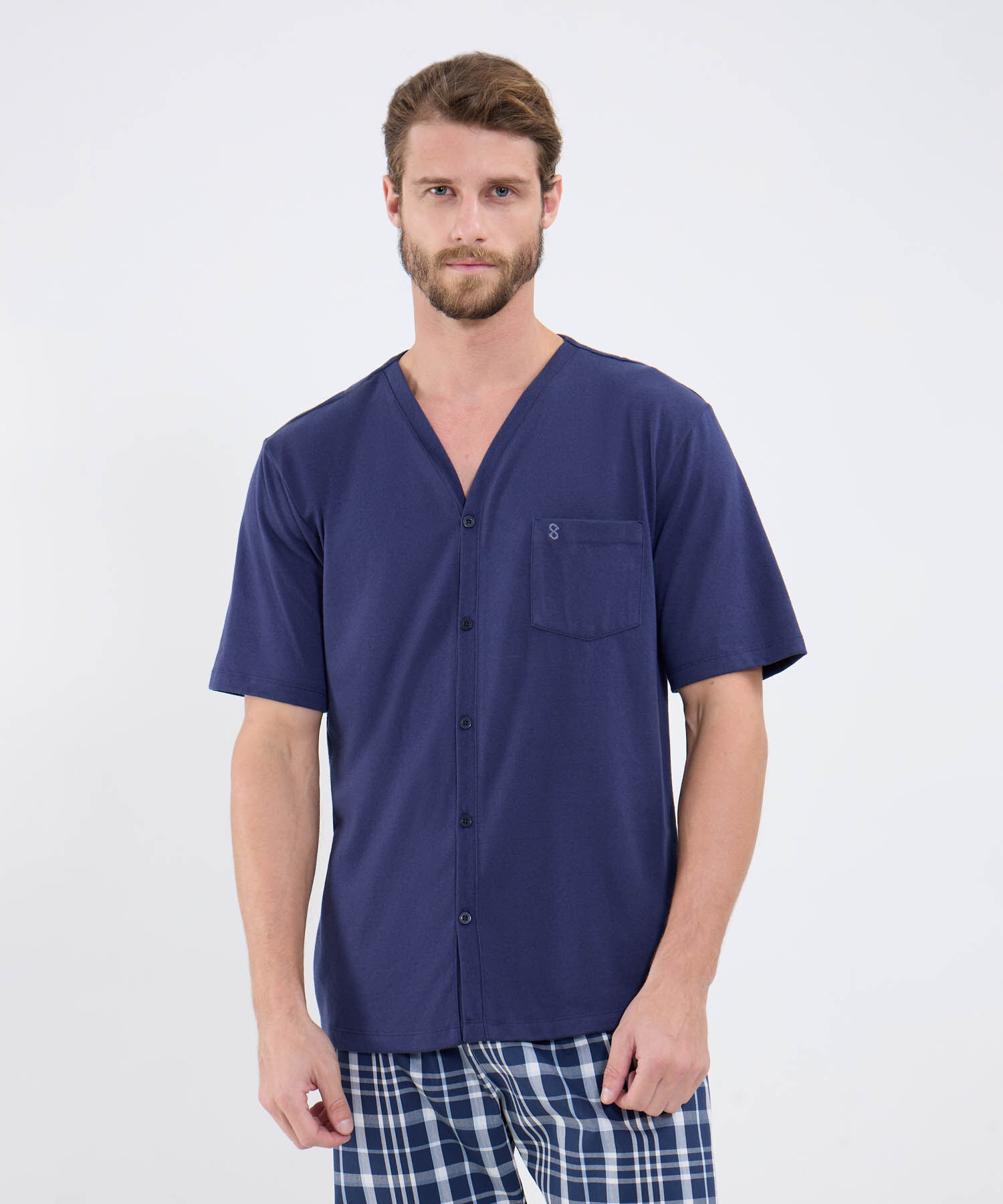 Conjunto Pijama Camiseta Cuello V Pantalon Preteñido Para Hombre