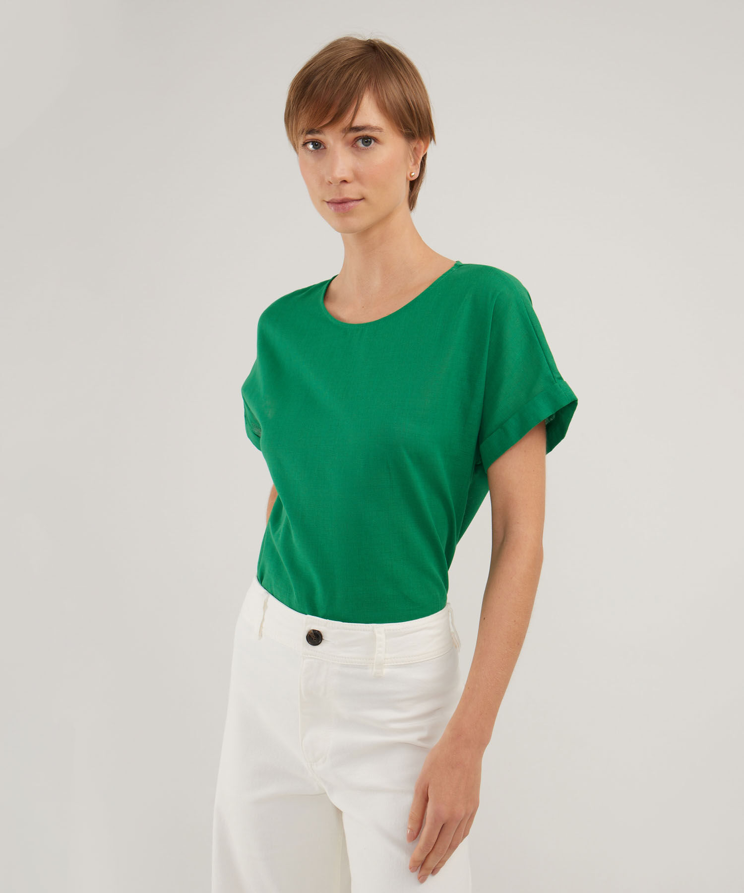 Blusa Manga Corta Con Guardapolvo  En Lino Unicolor