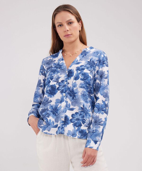 Blusa Manga Larga Estampada En Lino