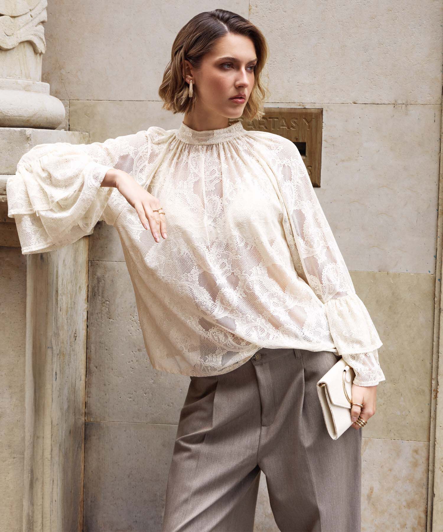 Blusa Encaje Manga Volante Para Mujer