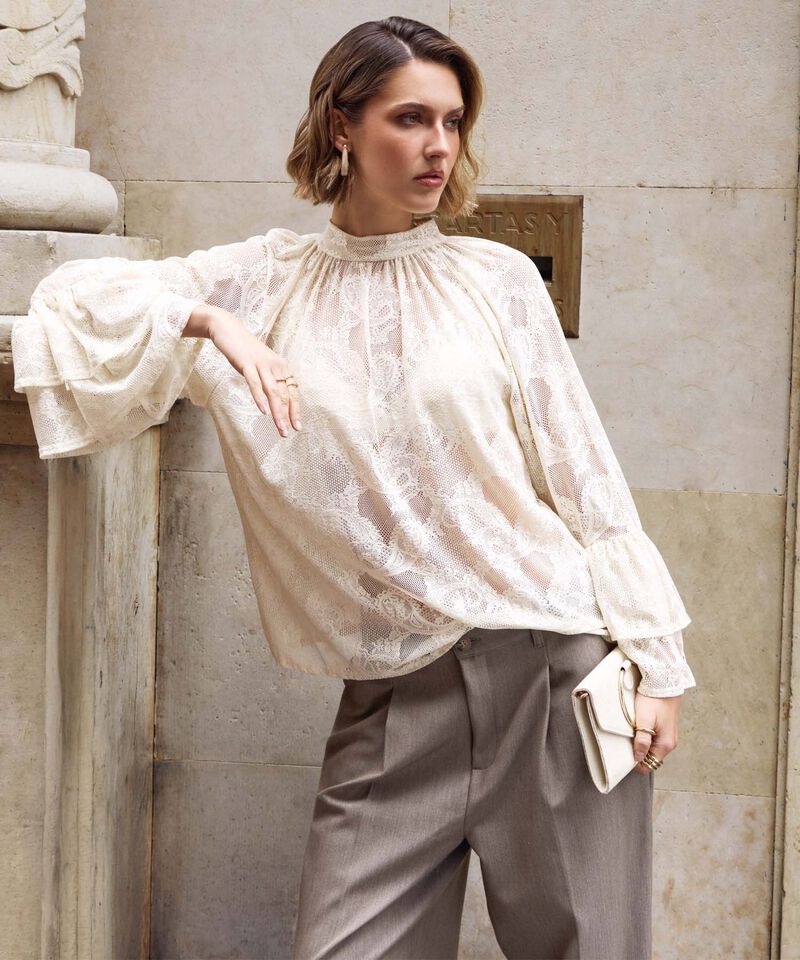 Blusa Encaje Manga Volante Para Mujer