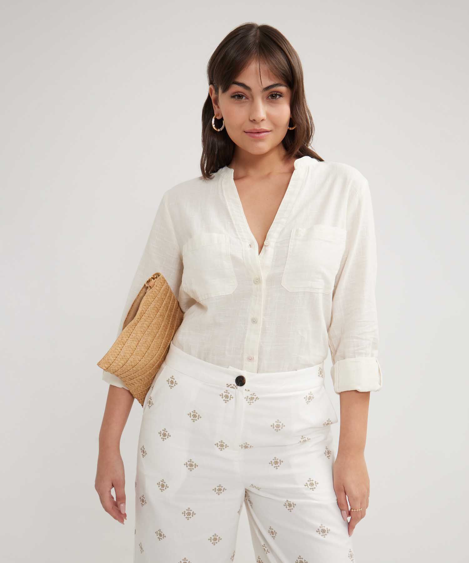 Blusa Manga Larga Unicolor En Lino