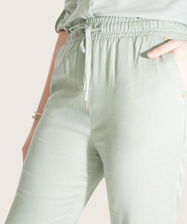 Pantalón Pretina Resortada  En Lino Unicolor