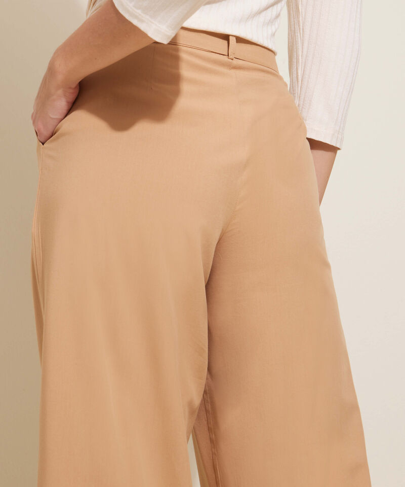 Pantalón Moda Unicolor Bota Ancha, Cintura Alta Con Prenses, Anudado En Cintura Y Bolsillos Laterales