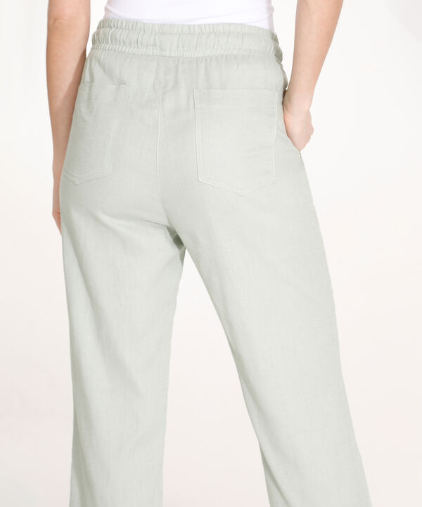 Pantalon Moda Unicolor, Pretina Resortada En Lino, Lineas