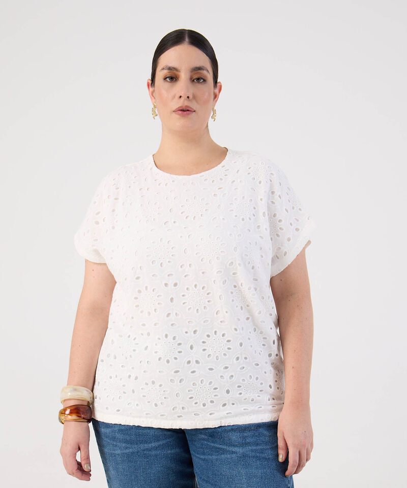 Blusa de Manga Corta en Ojalillo para Mujer Curvy
