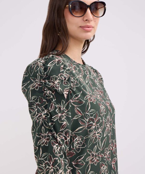 Blusa Estampada Escote Redondo, Manga 3/4 Con Recogido