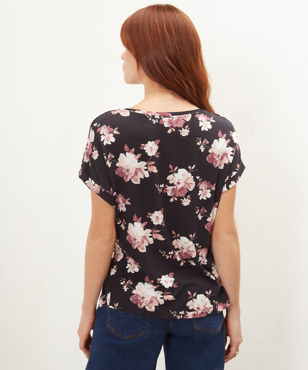 Camiseta Estampada Manga Corta Con Guardapolvo, Cuello Redondo Y Bies Sobrepuesto En Hombros, Trópico Floral
