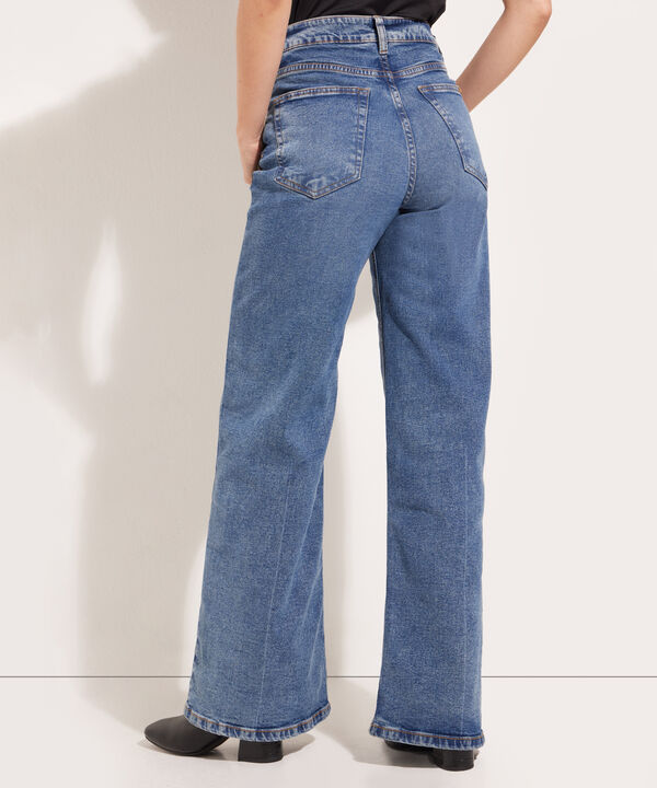 Jean Wide Leg Con Laser En Aplome Tono Azul Medio Oscuro