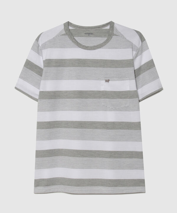 Camiseta Manga Corta Cuello Redondo Con Bolsillo, Preteñida A Rayas