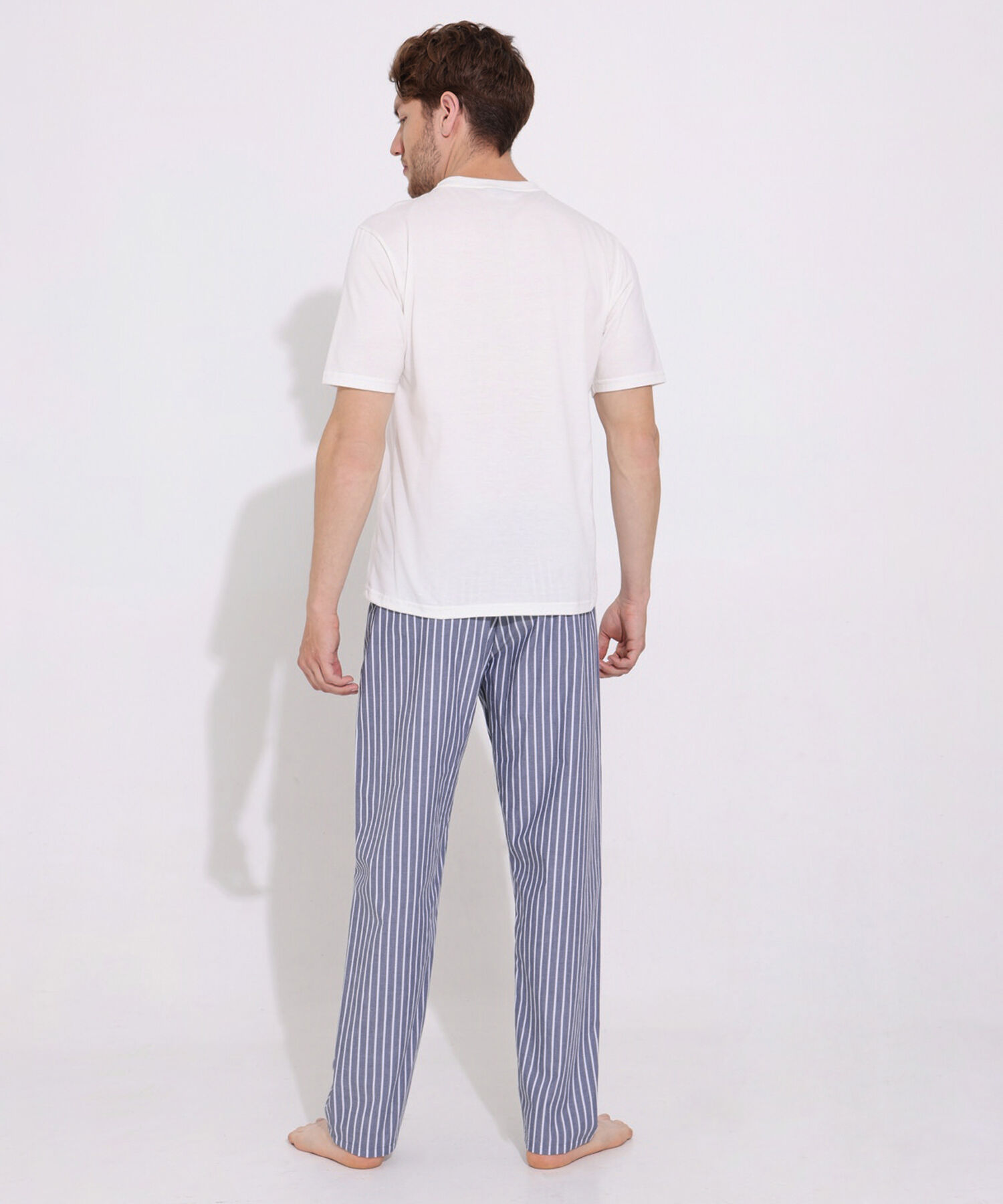 Pijama Camiseta Unicolor Cuello Henley Manga Larga, Pantalón Preteñido Rayas