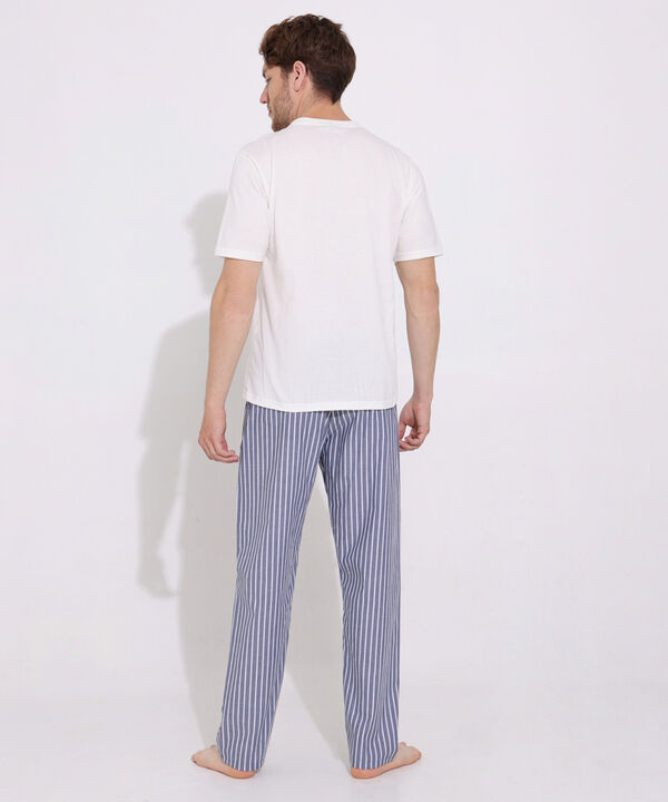 Pijama Camiseta Unicolor Cuello Henley Manga Larga, Pantalón Preteñido Rayas