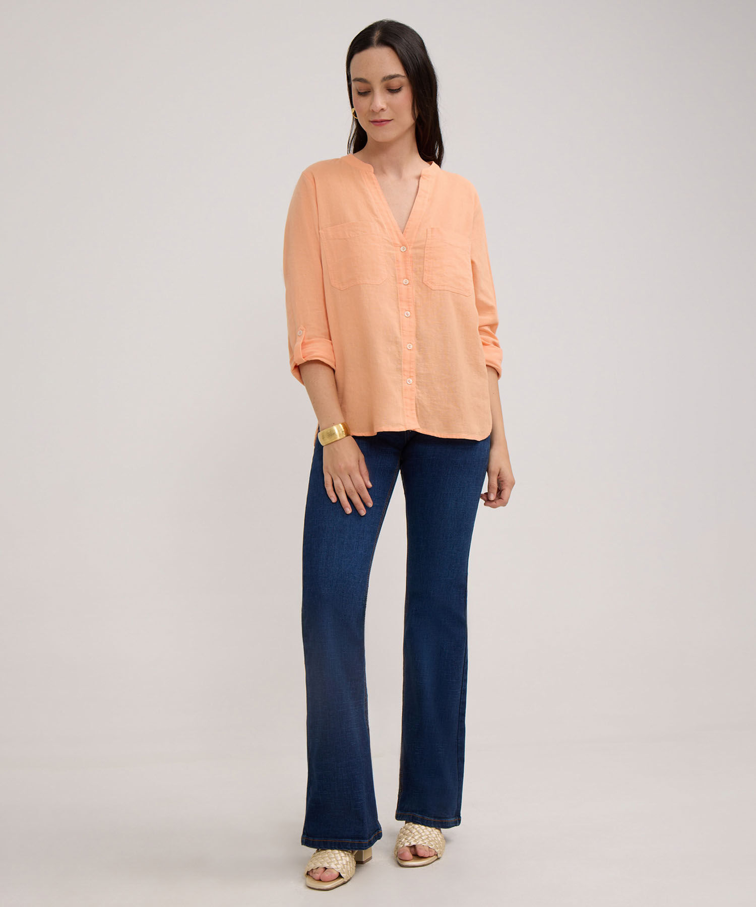 Blusa Manga Larga Unicolor En Lino