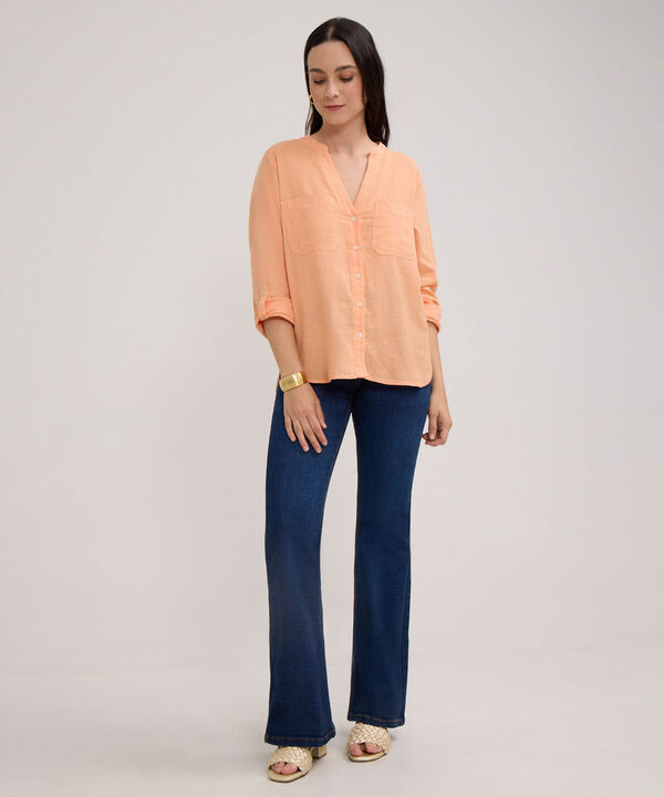Blusa Manga Larga Unicolor En Lino