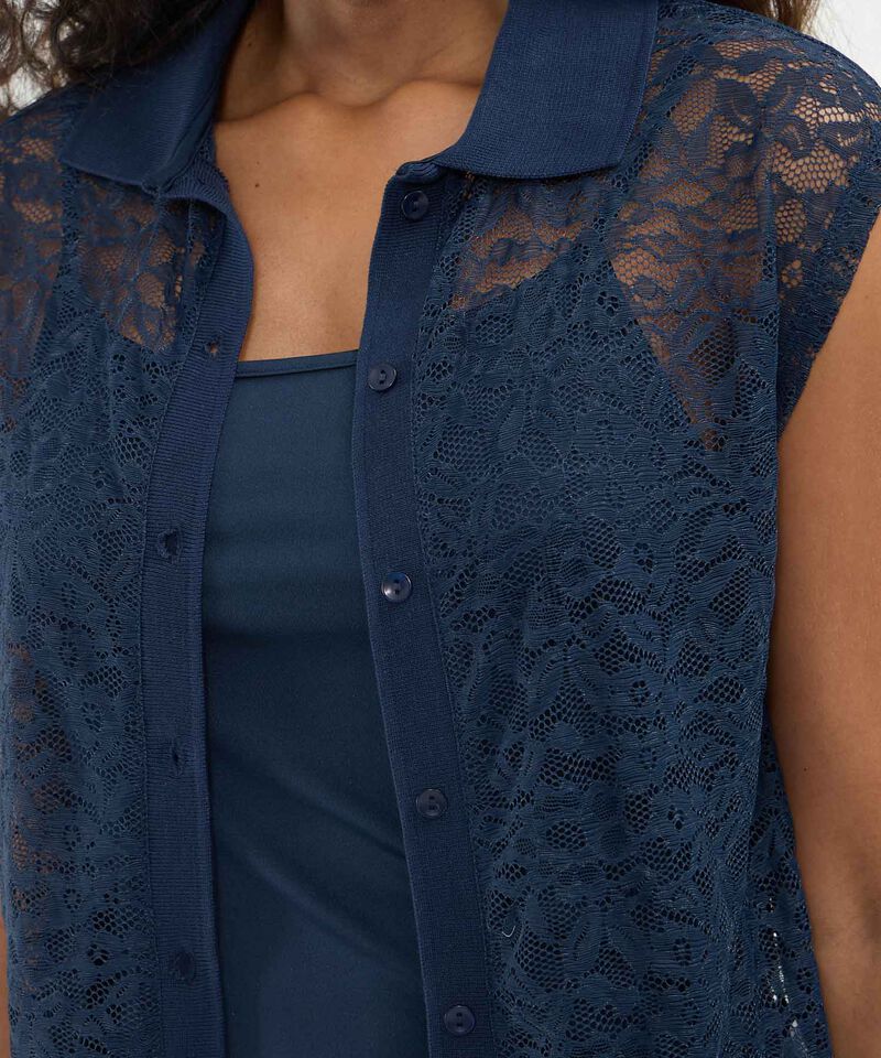 Polo En Encaje, Cuello Y Pechera En Rib, Con Top Interno Para Mujer