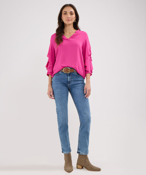 Blusa Unicolor Cuello Tipo Neru, Manga 3/4 Con Boleros