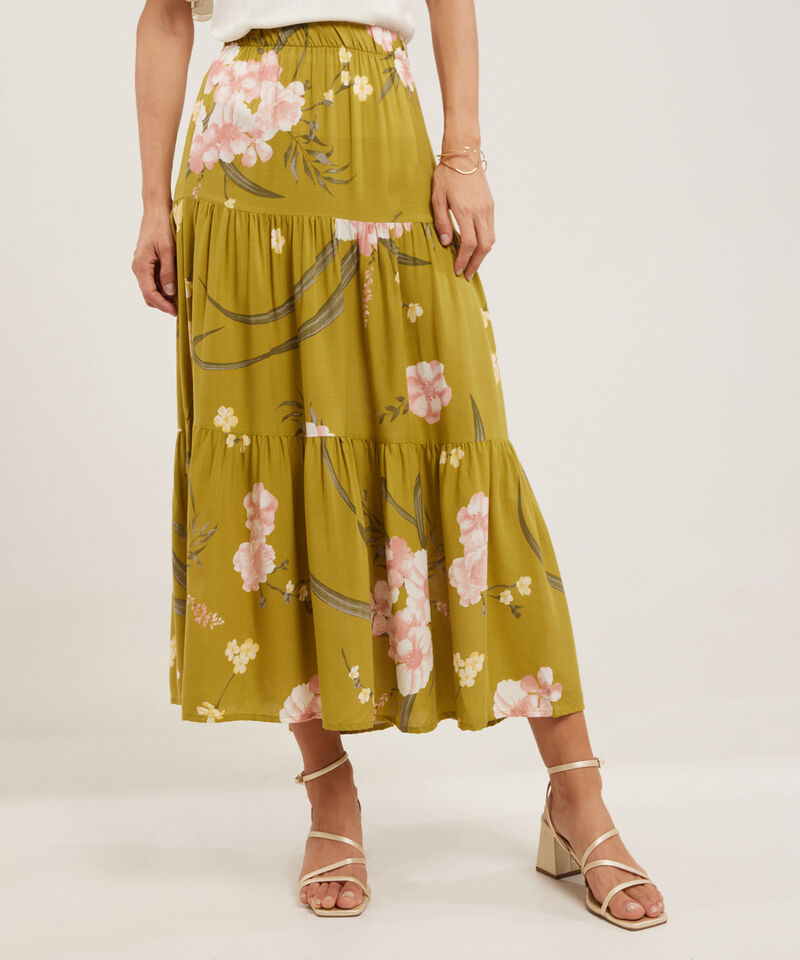 Falda Campesina Estampada Con Cintura Elástica, Trópico Floral