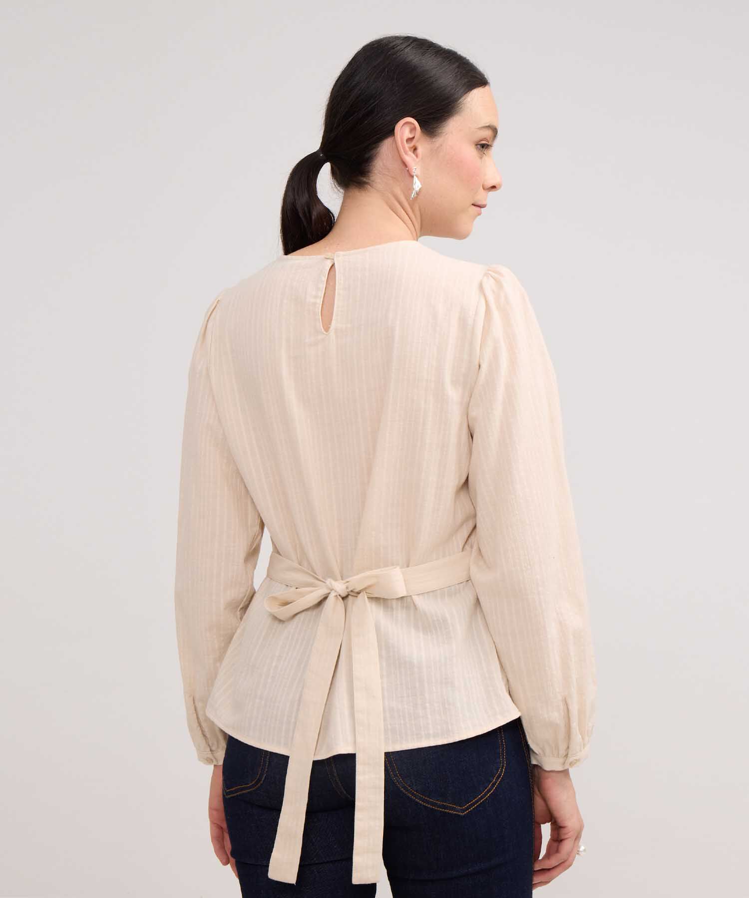 Blusa Unicolor, Manga Larga Con Cinturón