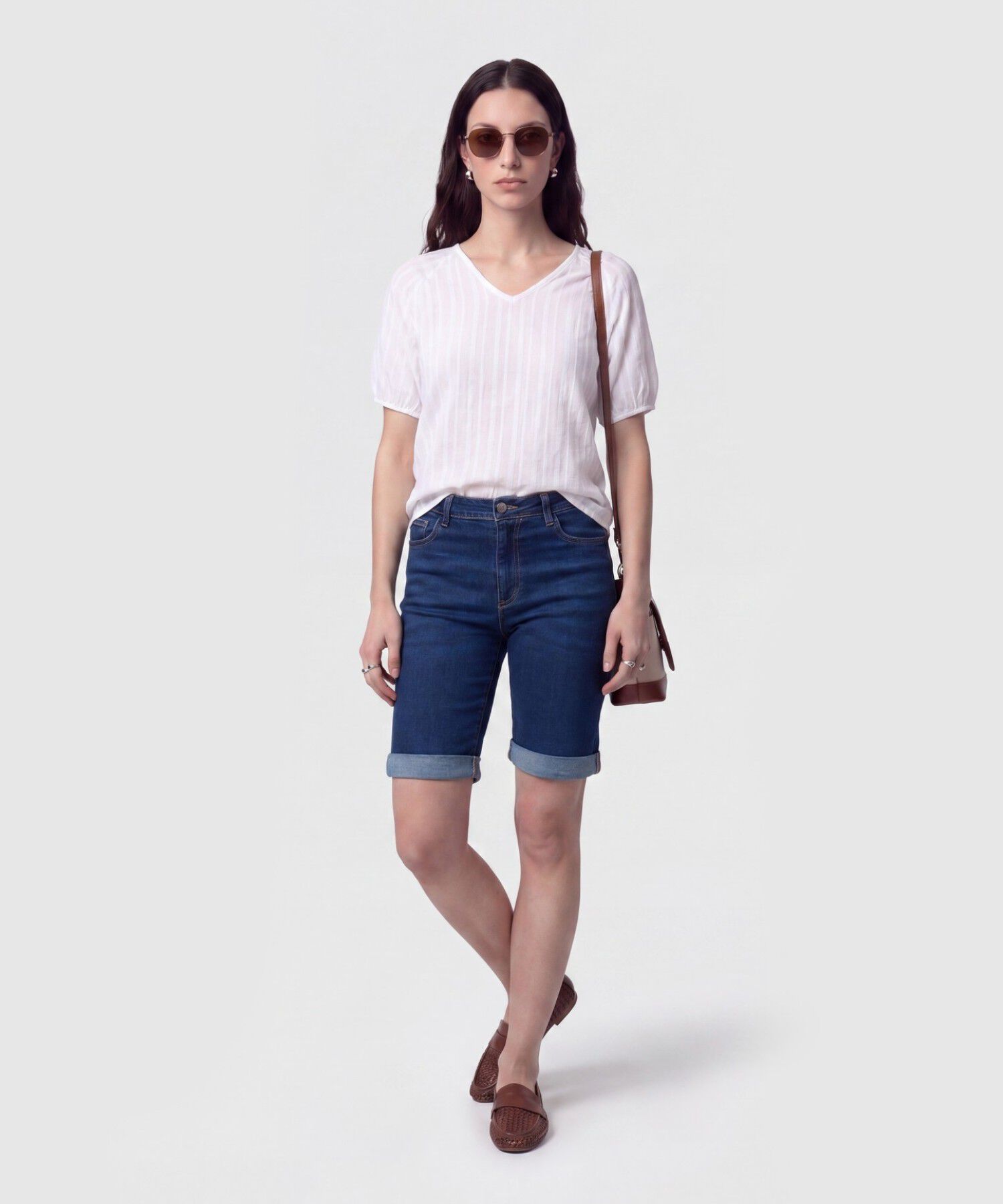 Bermuda Denim Con Dobladillo Para Mujer