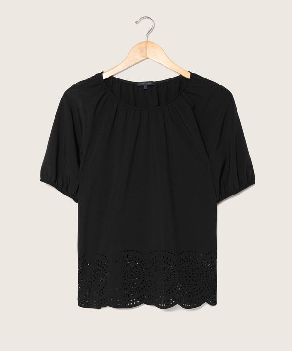 Blusa Unicolor Manga Corta Con Elástico En Cuello Y Mangas. Corte Laser En Ruedo